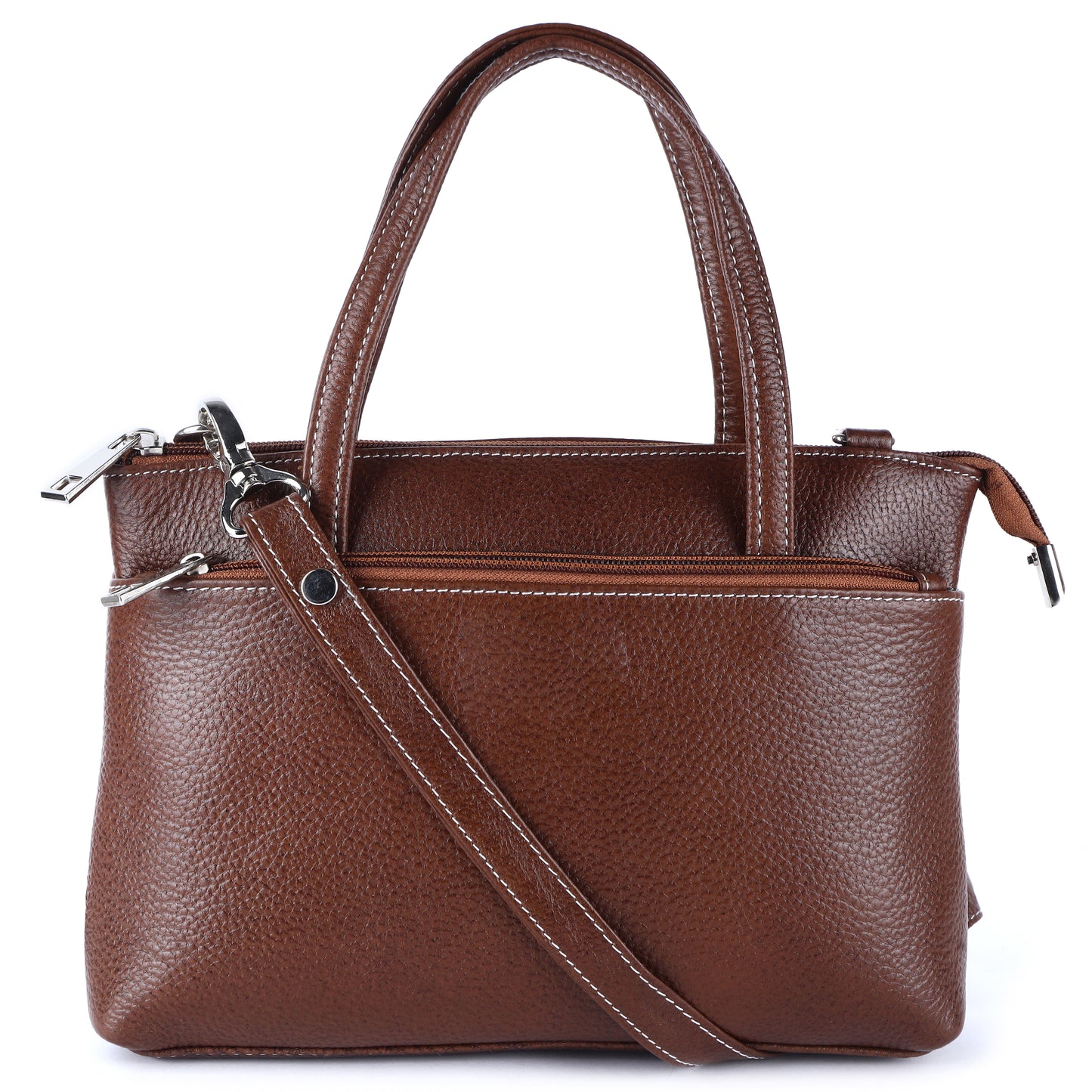 Livinwise Genuine Coffee Leather Crossbody Tote with White Stitching