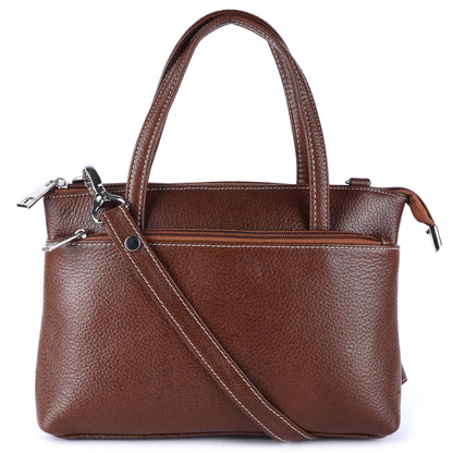 Livinwise Genuine Coffee Leather Crossbody Tote with White Stitching