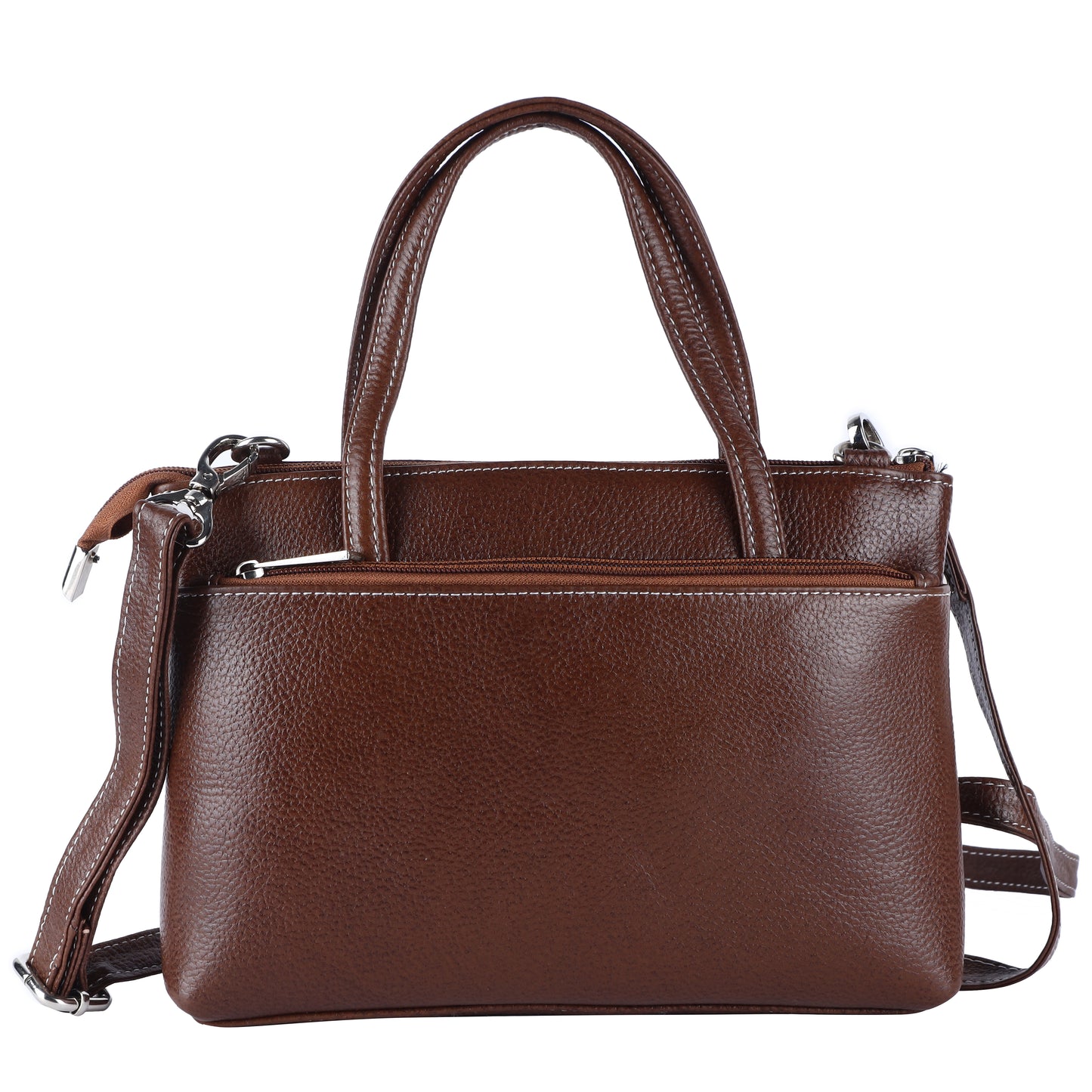 Livinwise Genuine Coffee Leather Crossbody Tote with White Stitching