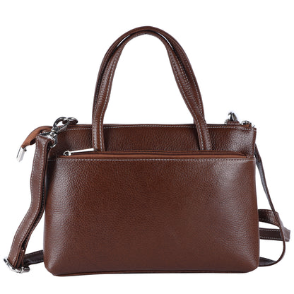 Livinwise Genuine Coffee Leather Crossbody Tote with White Stitching