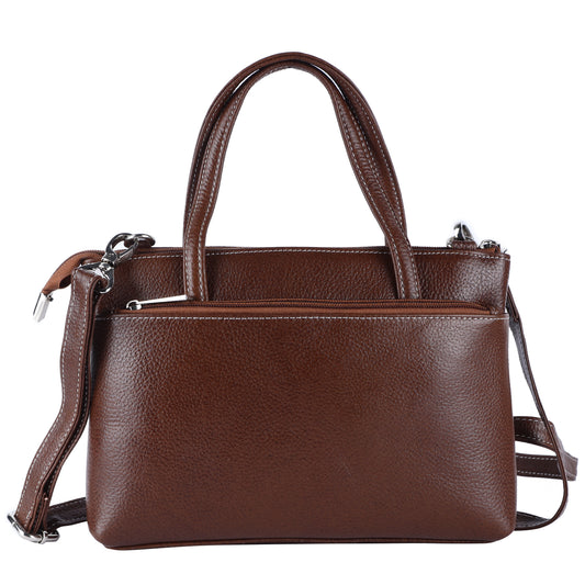 Livinwise Genuine Coffee Leather Crossbody Tote with White Stitching