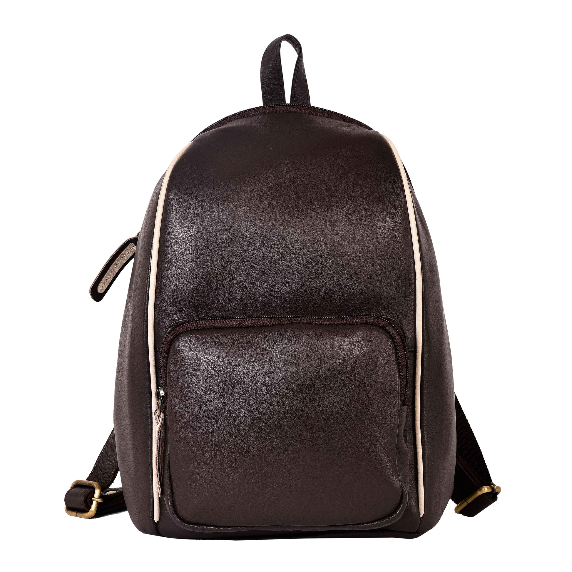 Livinwise Genuine Brown Leather Mini Backpack with Cream Piping