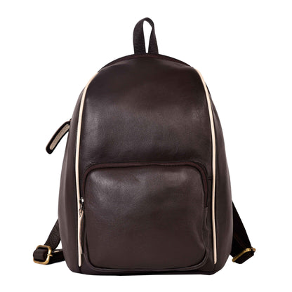 Livinwise Genuine Brown Leather Mini Backpack with Cream Piping