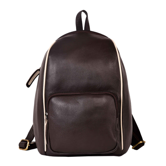 Livinwise Genuine Brown Leather Mini Backpack with Cream Piping