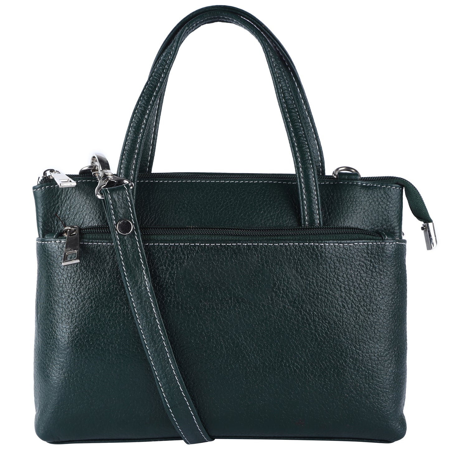 Livinwise Genuine Green Leather Crossbody Tote with White Stitching