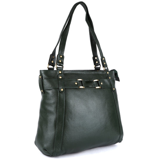 Livinwise Genuine Green Leather Belted Tote Bag for Women