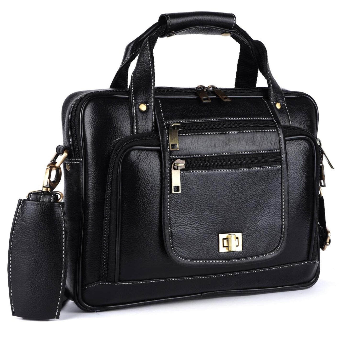 Heritage Leather Multi-Pocket Briefcase – 15.6" Laptop Messenger Bag - Black