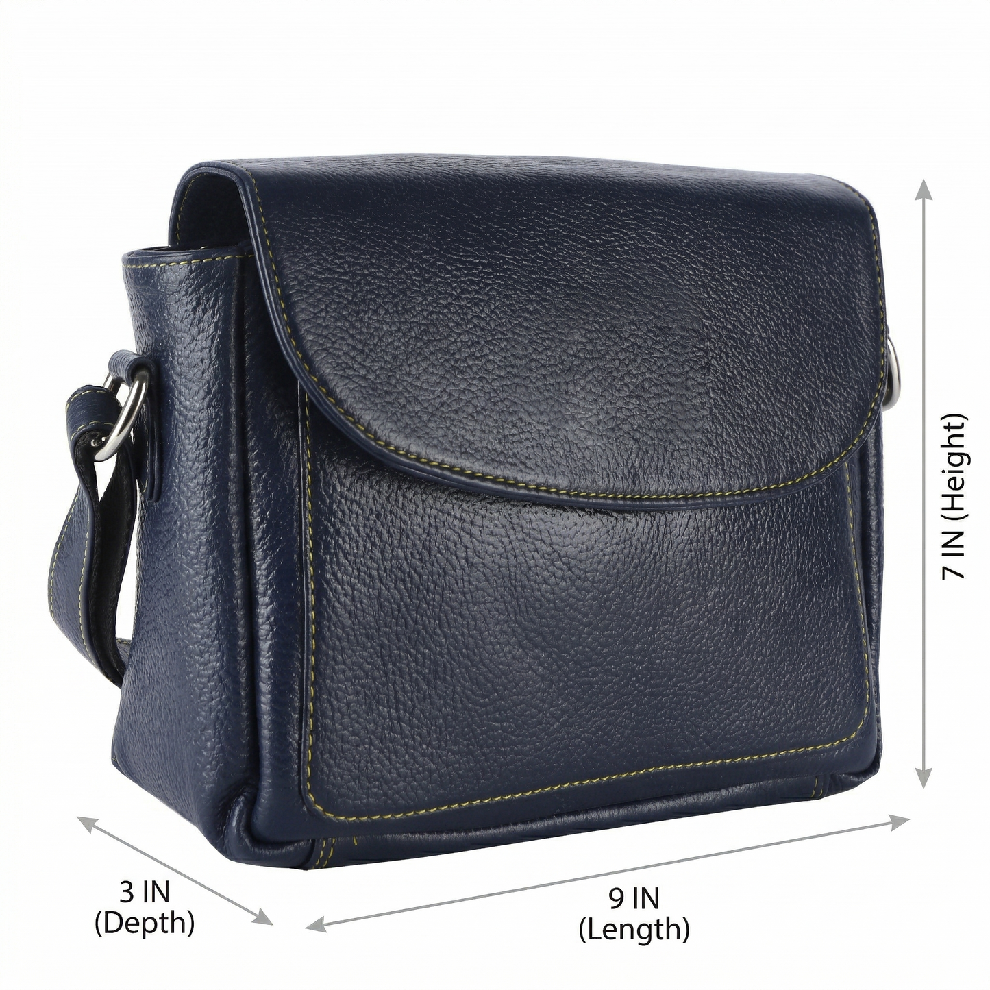 Livinwise Genuine Navy Blue Leather Crossbody Bag with Yellow Contrast Stitching