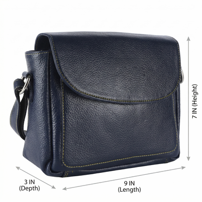 Livinwise Genuine Navy Blue Leather Crossbody Bag with Yellow Contrast Stitching