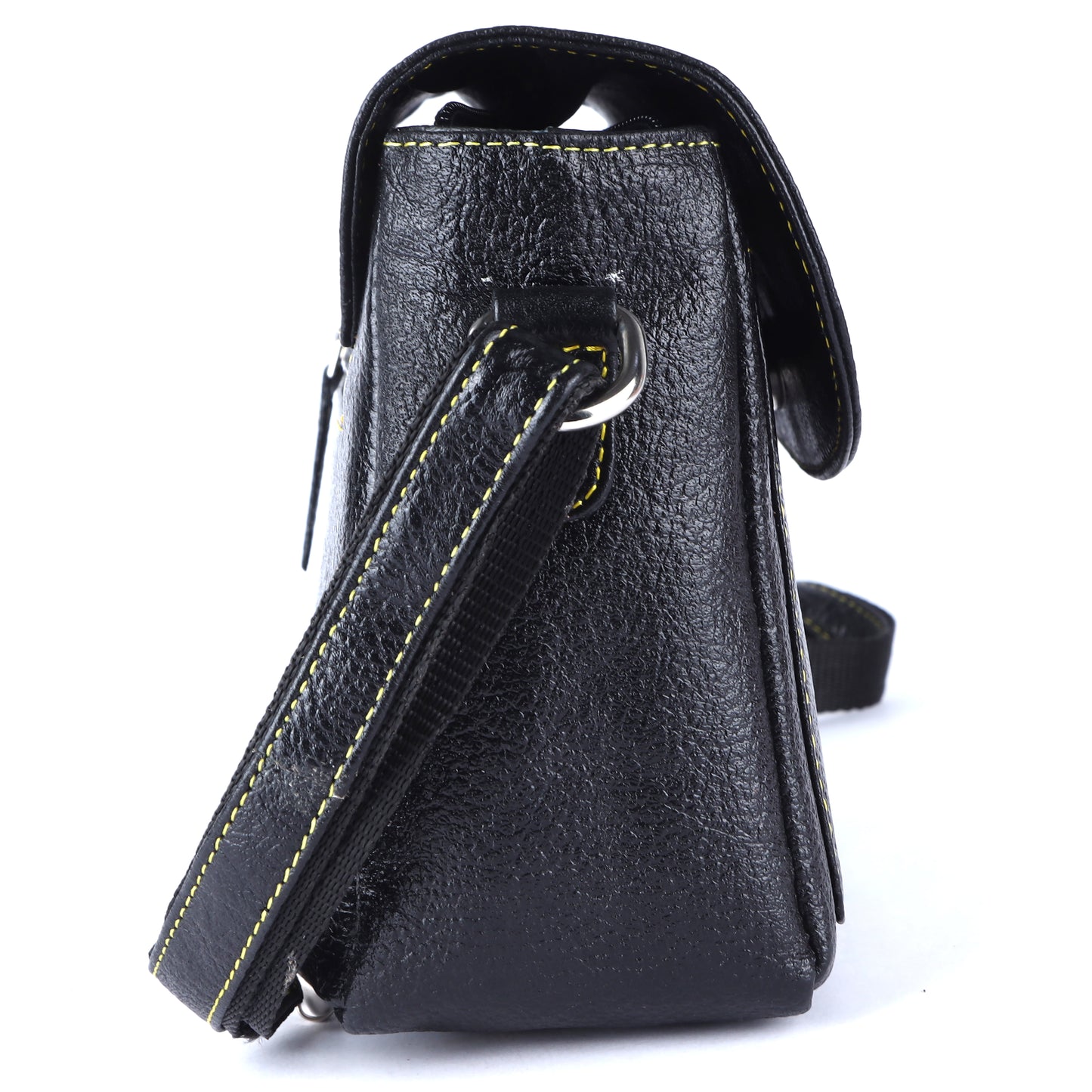 Livinwise Genuine Black Leather Crossbody Bag with Yellow Contrast Stitching