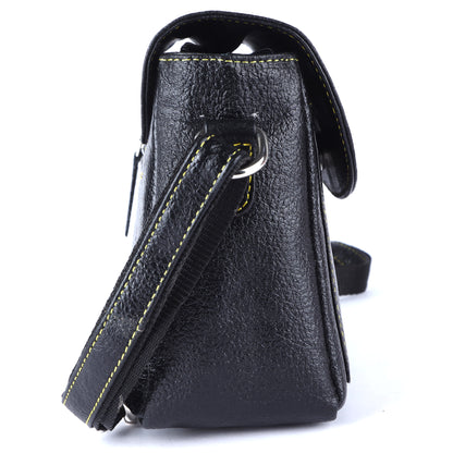 Livinwise Genuine Black Leather Crossbody Bag with Yellow Contrast Stitching