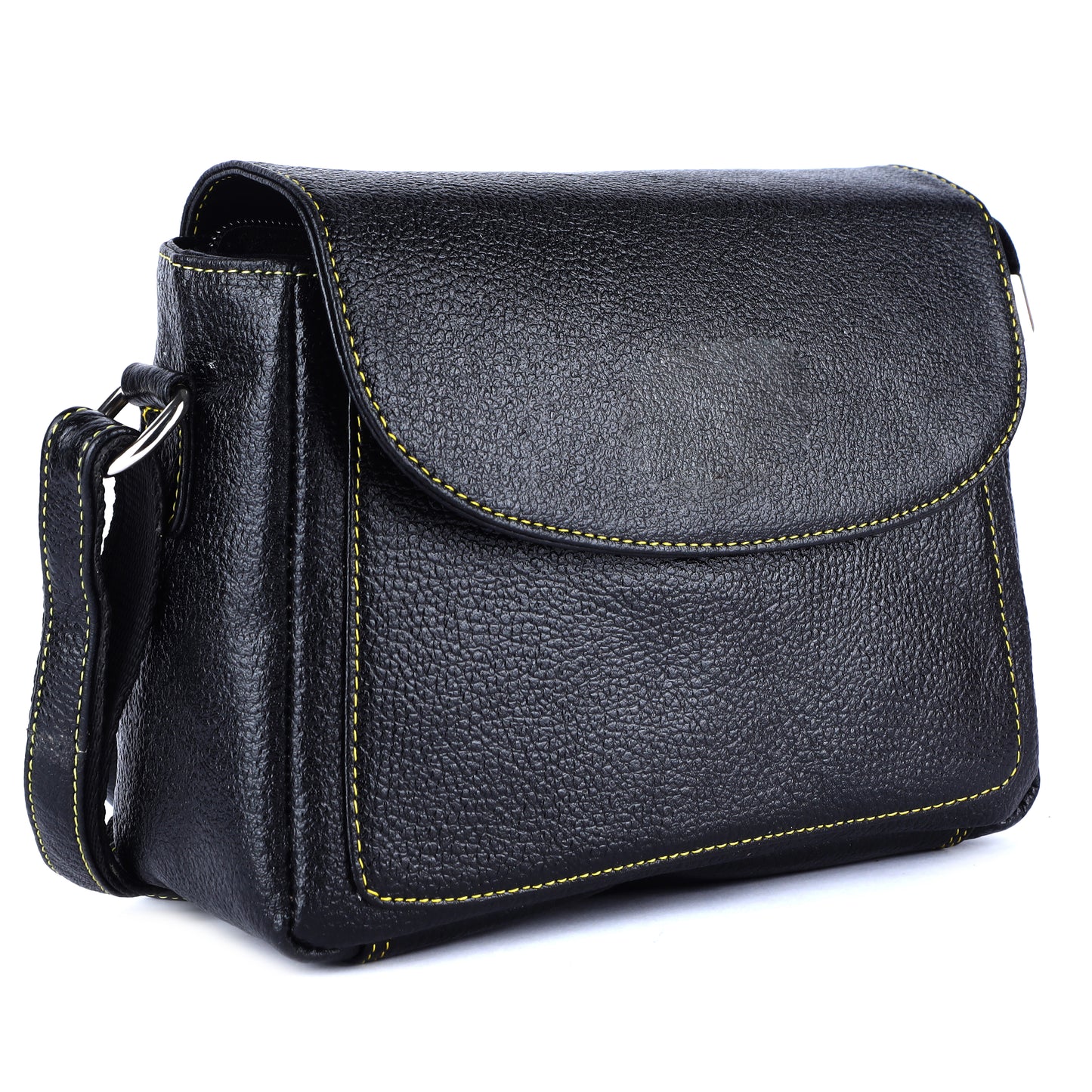 Livinwise Genuine Black Leather Crossbody Bag with Yellow Contrast Stitching