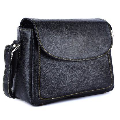Livinwise Genuine Black Leather Crossbody Bag with Yellow Contrast Stitching