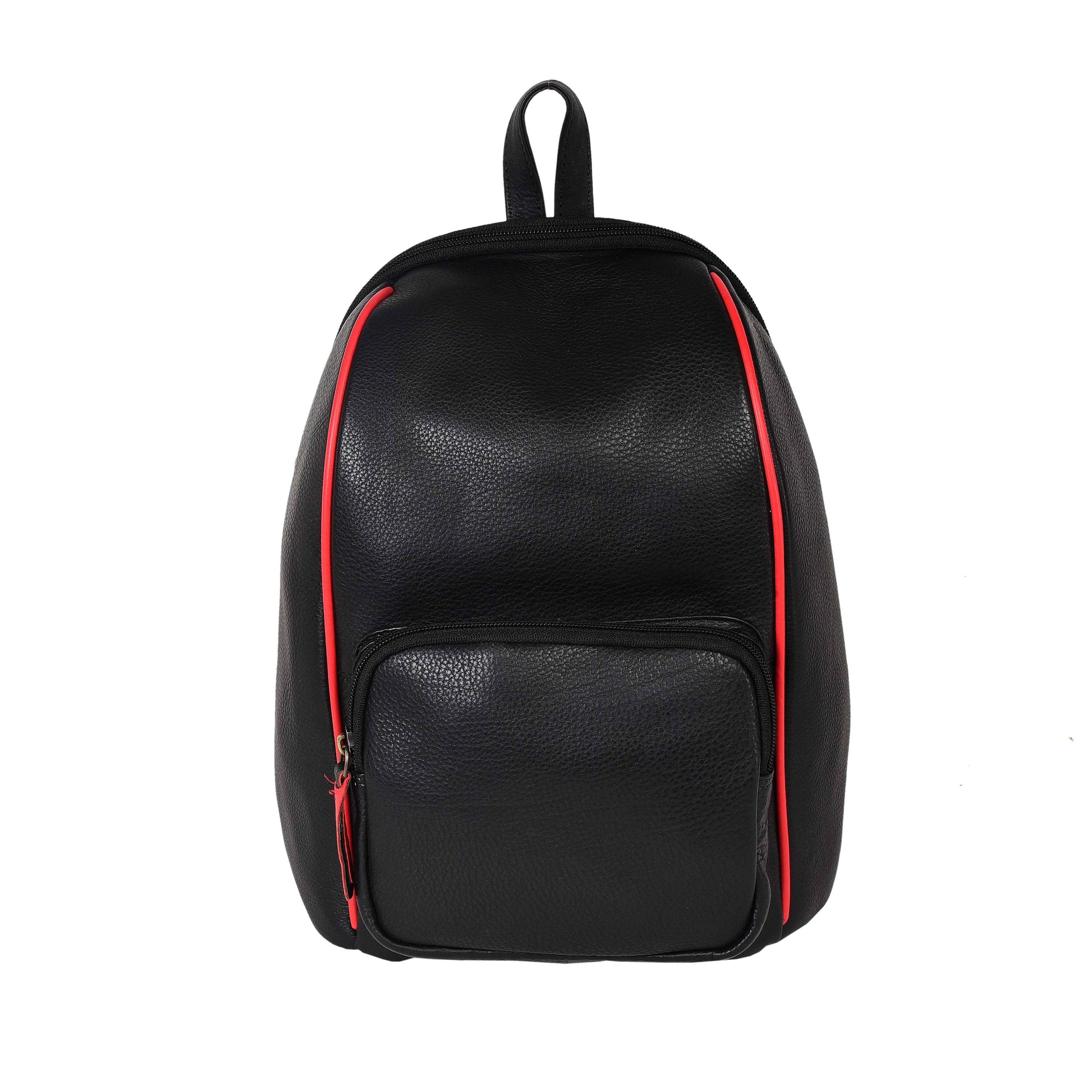 Livinwise Genuine Black Leather Mini Backpack with Red Piping