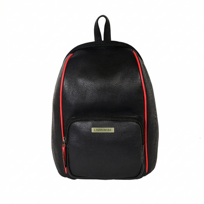 Livinwise Genuine Black Leather Mini Backpack with Red Piping