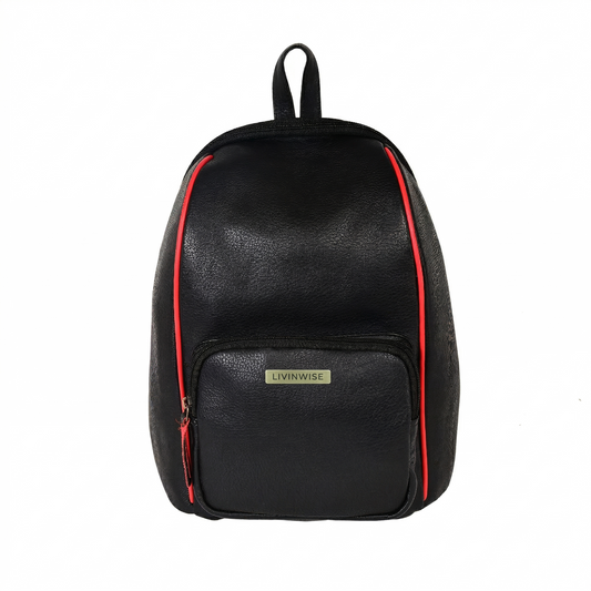 Livinwise Genuine Black Leather Mini Backpack with Red Piping