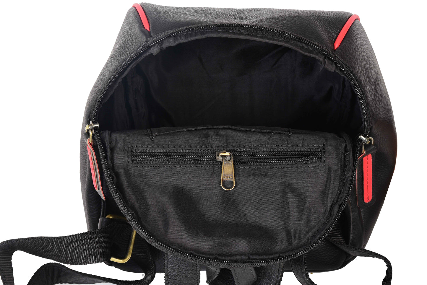 Livinwise Genuine Black Leather Mini Backpack with Red Piping