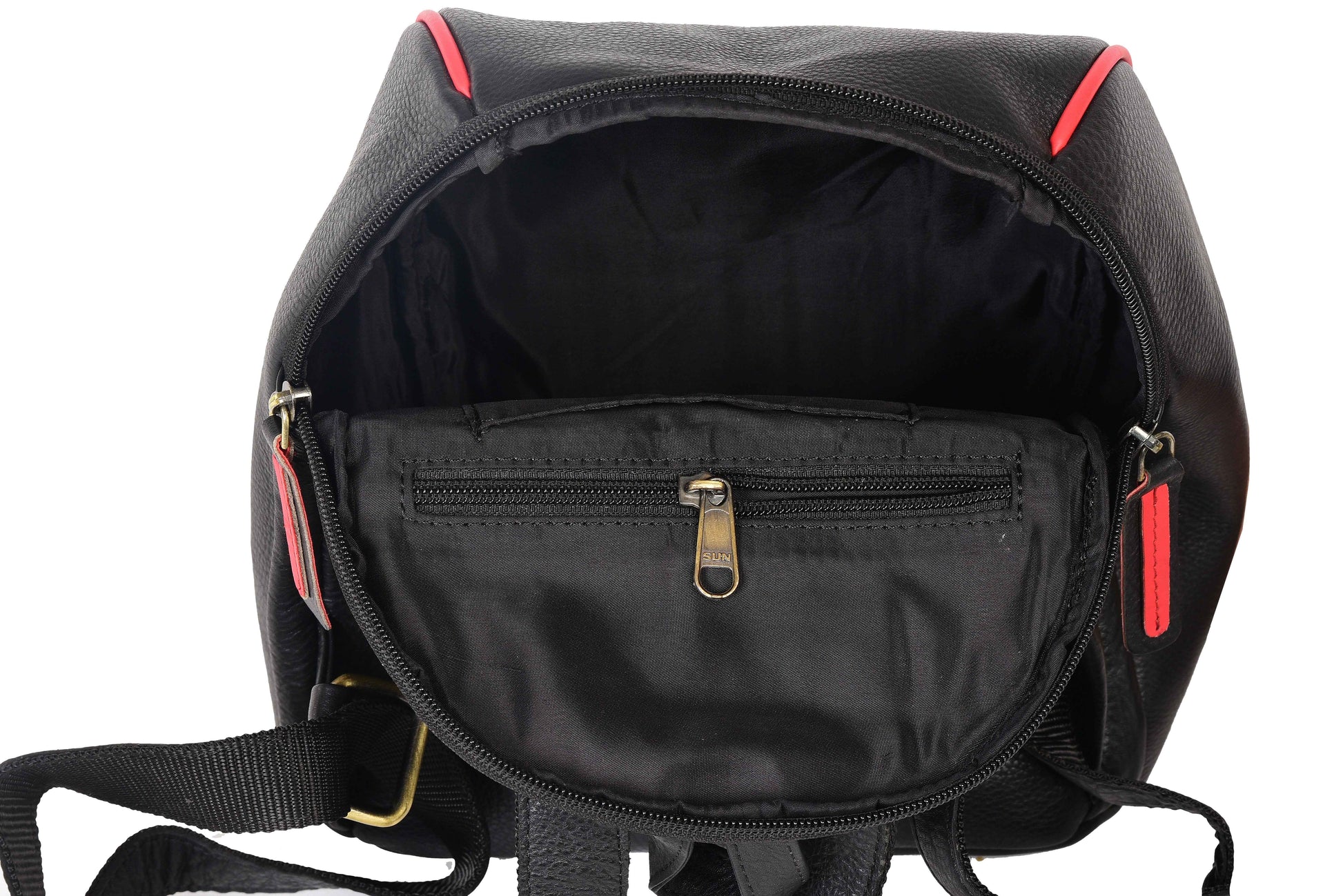 Livinwise Genuine Black Leather Mini Backpack with Red Piping
