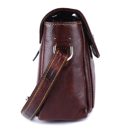 Livinwise Genuine Mahogany Leather Crossbody Bag with Yellow Stitching