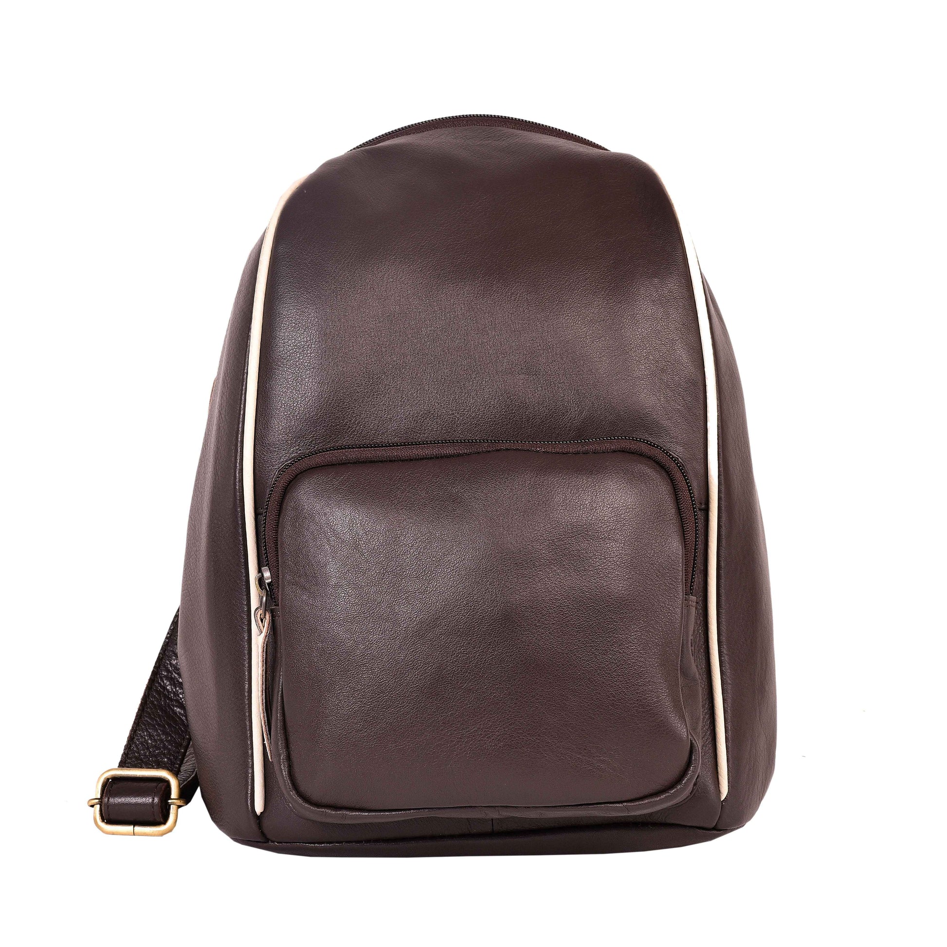 Livinwise Genuine Brown Leather Mini Backpack with Cream Piping
