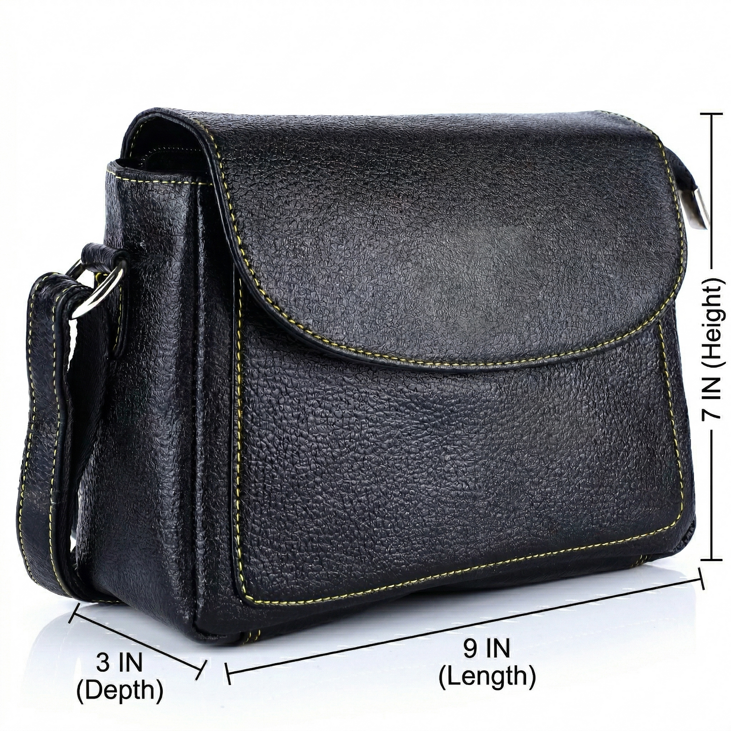 Livinwise Genuine Black Leather Crossbody Bag with Yellow Contrast Stitching