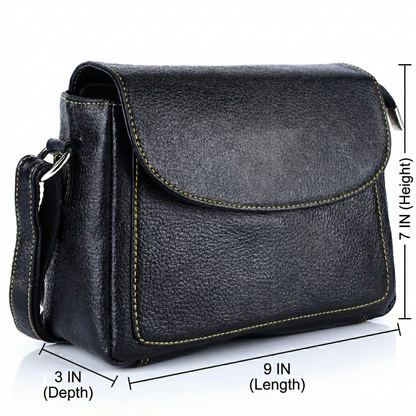 Livinwise Genuine Black Leather Crossbody Bag with Yellow Contrast Stitching