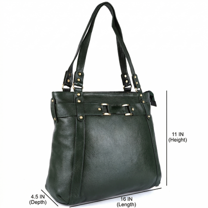 Livinwise Genuine Green Leather Belted Tote Bag for Women