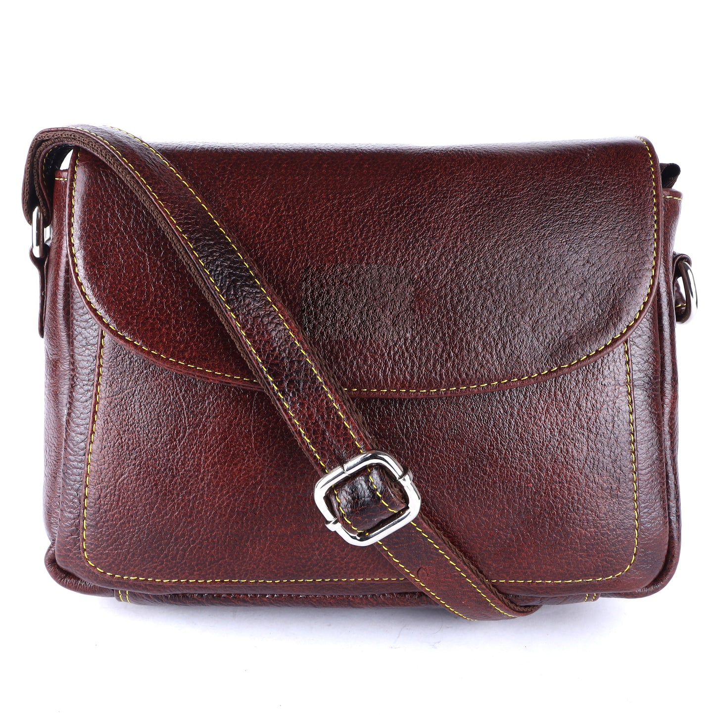 Livinwise Genuine Mahogany Leather Crossbody Bag with Yellow Stitching