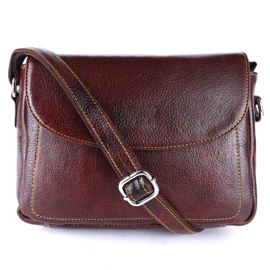 Livinwise Genuine Mahogany Leather Crossbody Bag with Yellow Stitching