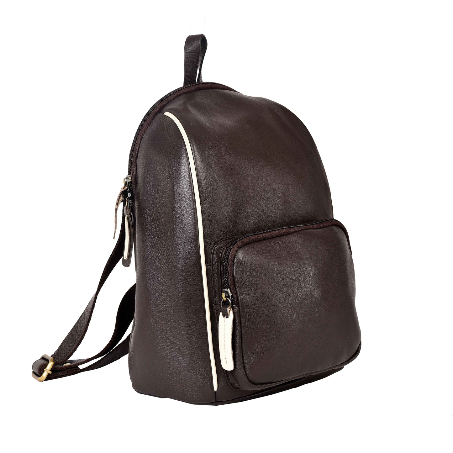 Livinwise Genuine Brown Leather Mini Backpack with Cream Piping