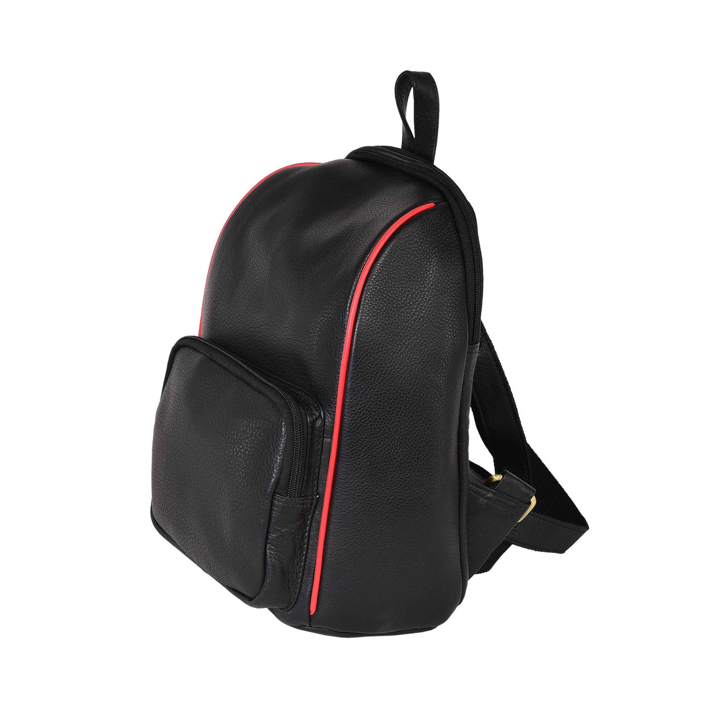 Livinwise Genuine Black Leather Mini Backpack with Red Piping