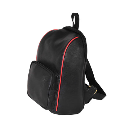 Livinwise Genuine Black Leather Mini Backpack with Red Piping