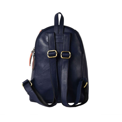 Livinwise Genuine Navy Leather Mini Backpack with Orange Piping