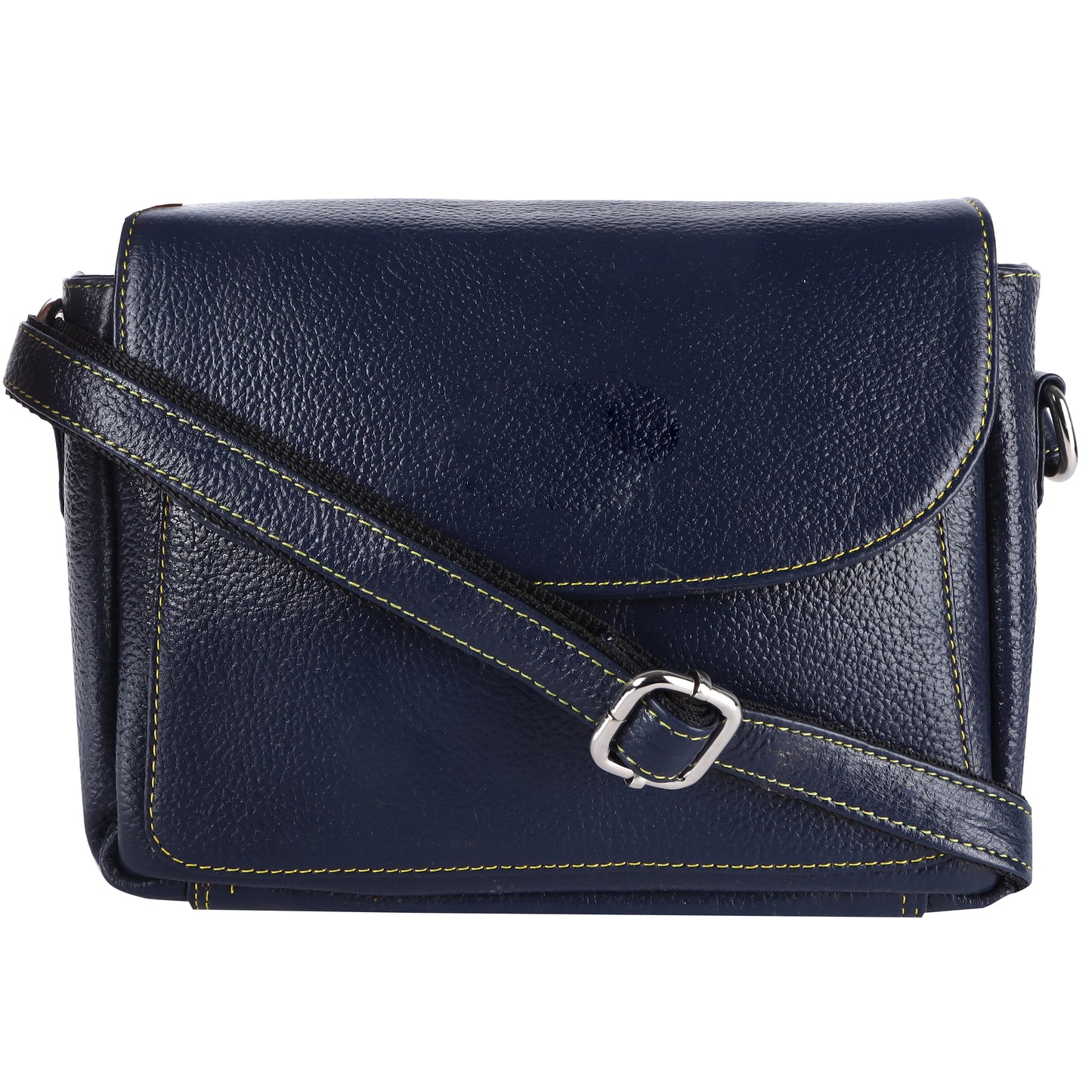 Livinwise Genuine Navy Blue Leather Crossbody Bag with Yellow Contrast Stitching