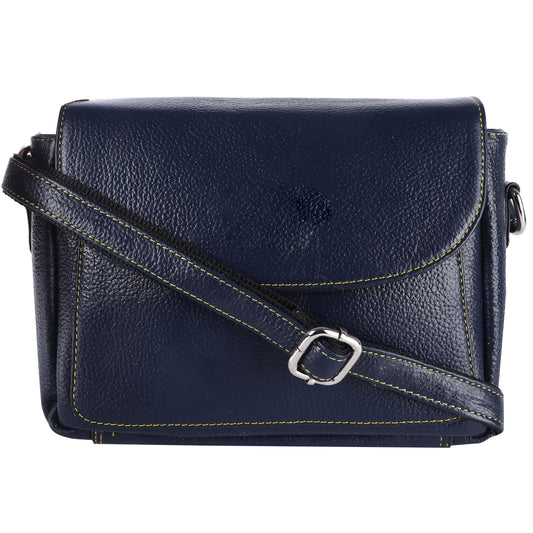 Livinwise Genuine Navy Blue Leather Crossbody Bag with Yellow Contrast Stitching