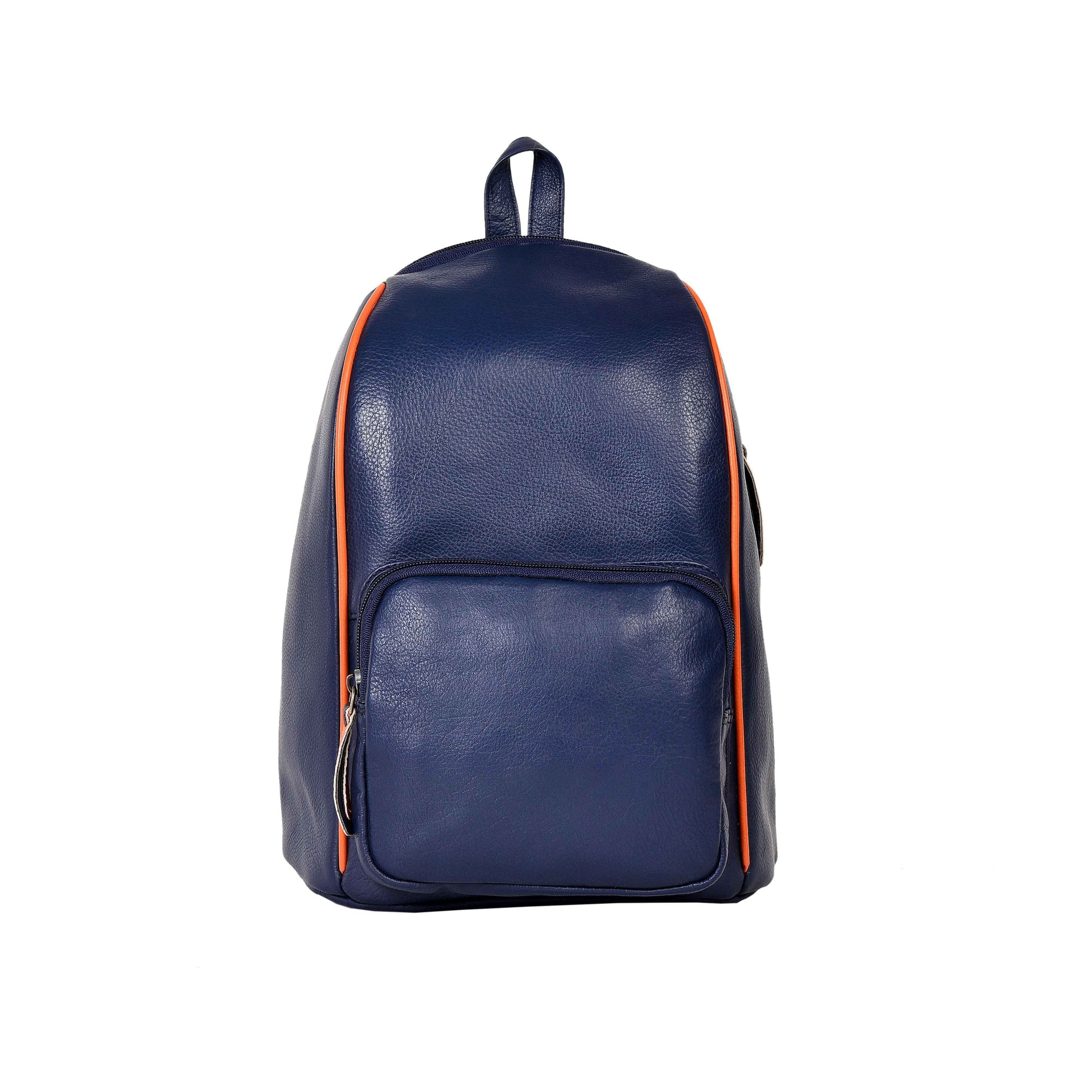 Livinwise Genuine Navy Leather Mini Backpack with Orange Piping