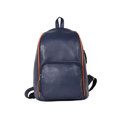 Livinwise Genuine Navy Leather Mini Backpack with Orange Piping