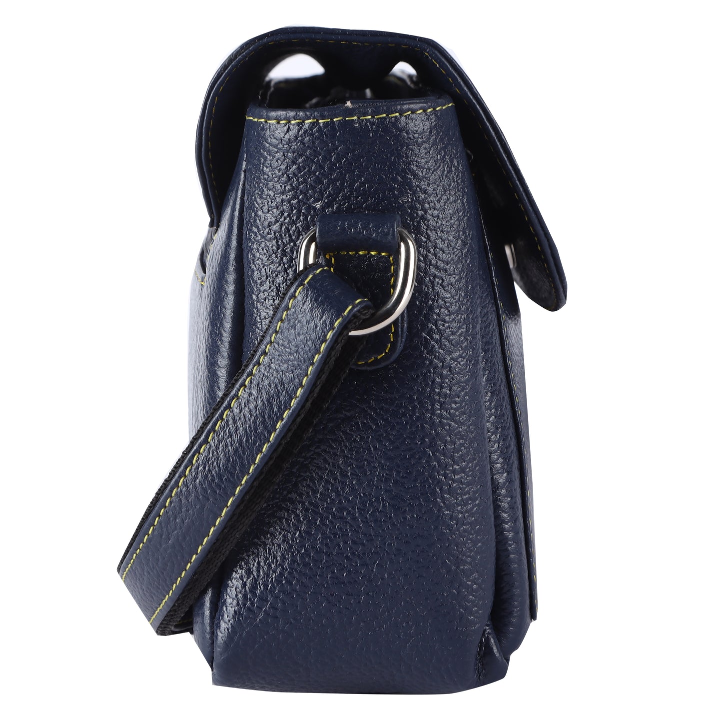 Livinwise Genuine Navy Blue Leather Crossbody Bag with Yellow Contrast Stitching