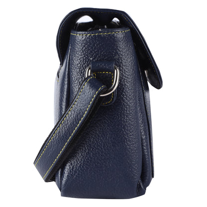 Livinwise Genuine Navy Blue Leather Crossbody Bag with Yellow Contrast Stitching