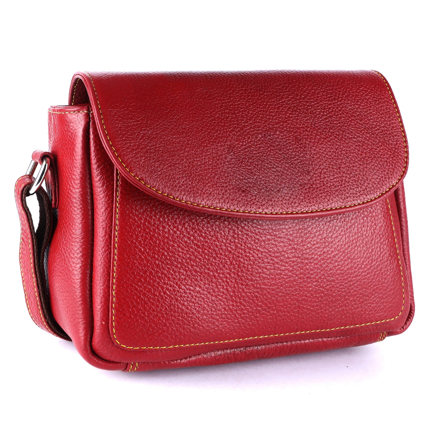 Livinwise Genuine Red Leather Crossbody Bag with Yellow Stitching