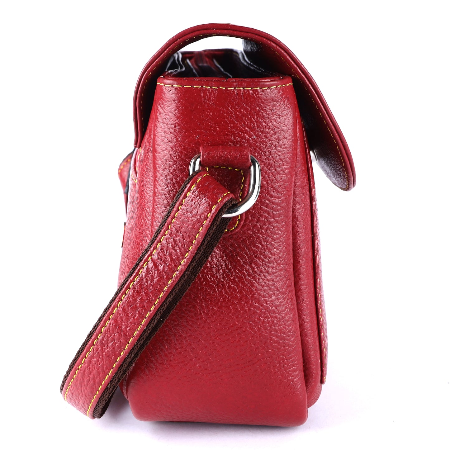 Livinwise Genuine Red Leather Crossbody Bag with Yellow Stitching