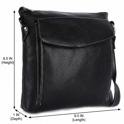 Livinwise Genuine Black Leather Crossbody Messenger Bag with White Stitching