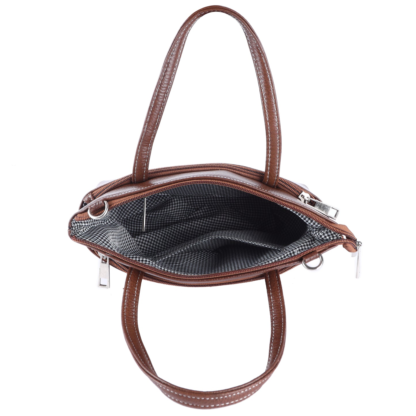 Livinwise Genuine Coffee Leather Crossbody Tote with White Stitching