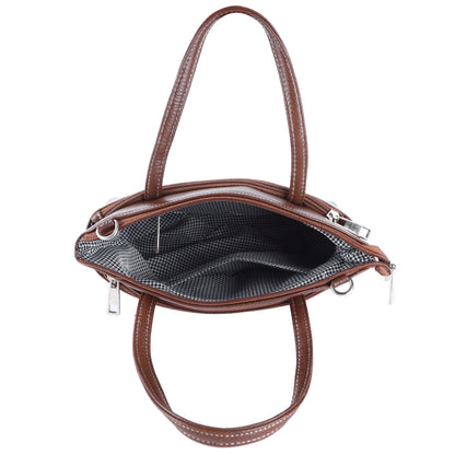 Livinwise Genuine Coffee Leather Crossbody Tote with White Stitching