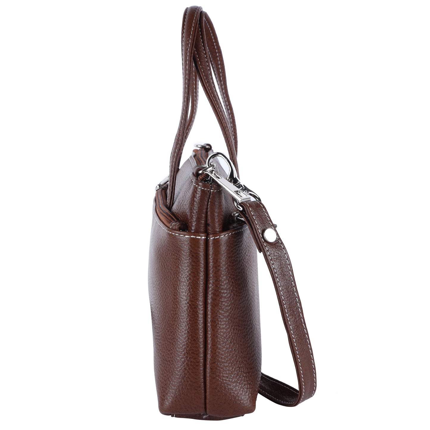 Livinwise Genuine Coffee Leather Crossbody Tote with White Stitching