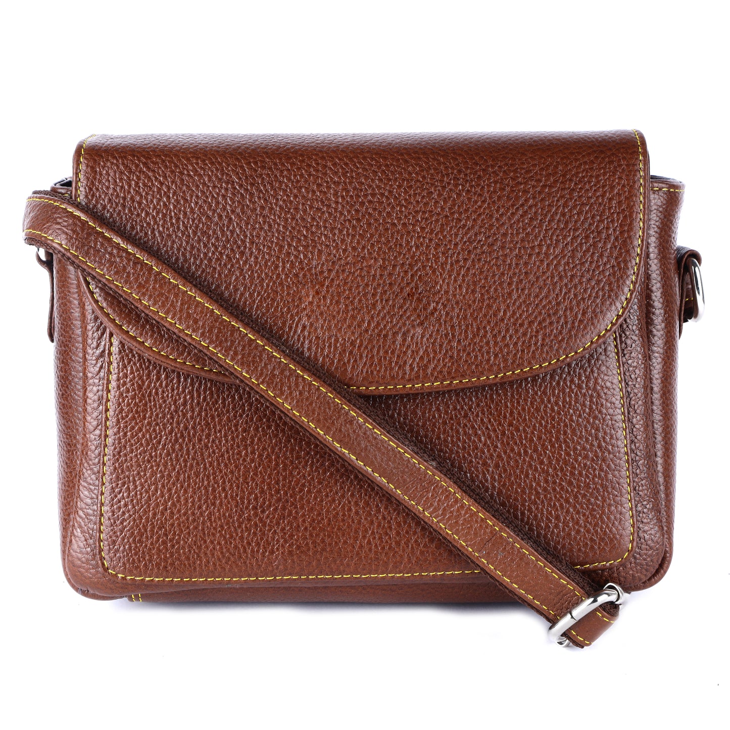 Livinwise Genuine Tan Leather Crossbody Bag with Yellow Stitching