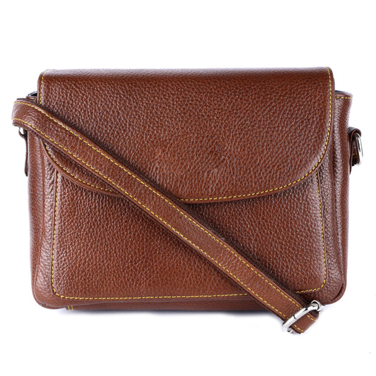 Livinwise Genuine Tan Leather Crossbody Bag with Yellow Stitching