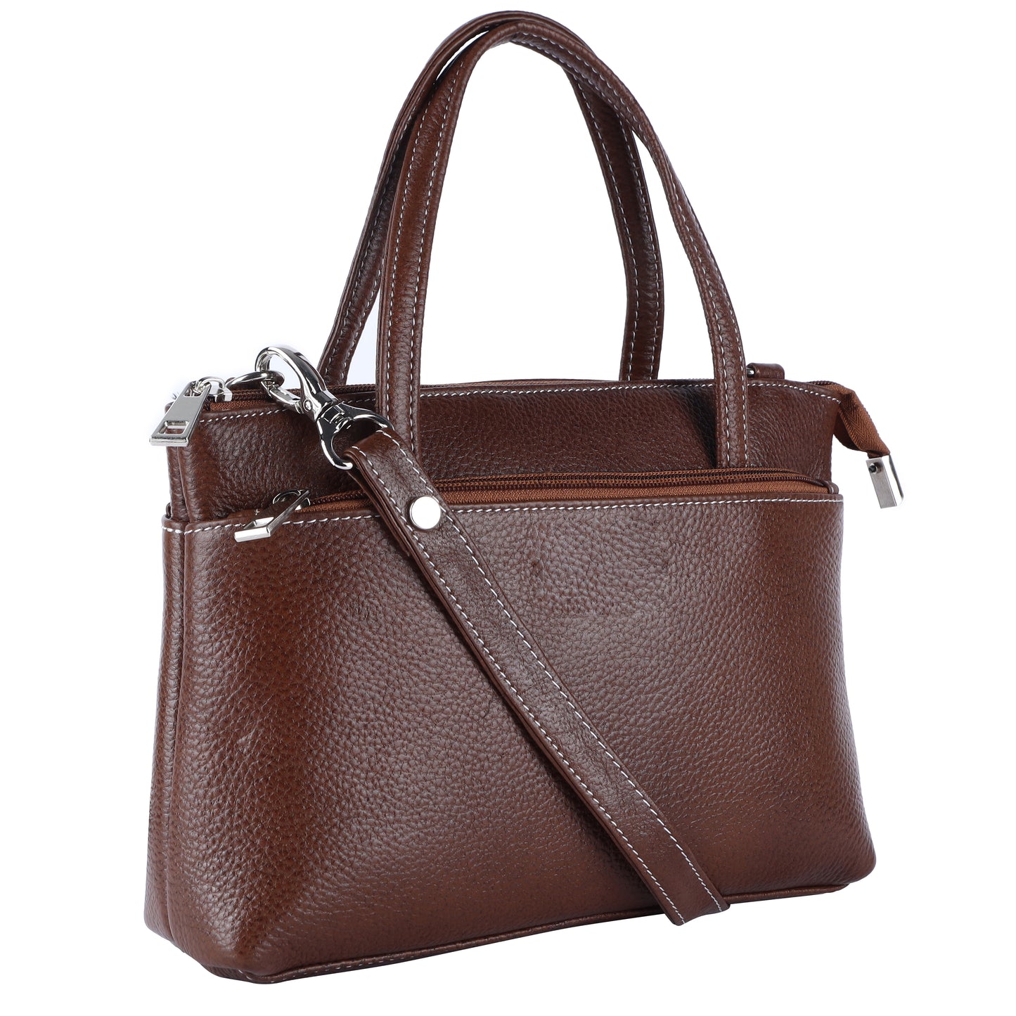 Livinwise Genuine Coffee Leather Crossbody Tote with White Stitching