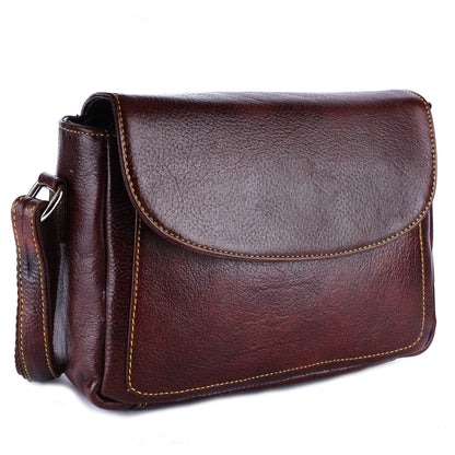 Livinwise Genuine Mahogany Leather Crossbody Bag with Yellow Stitching