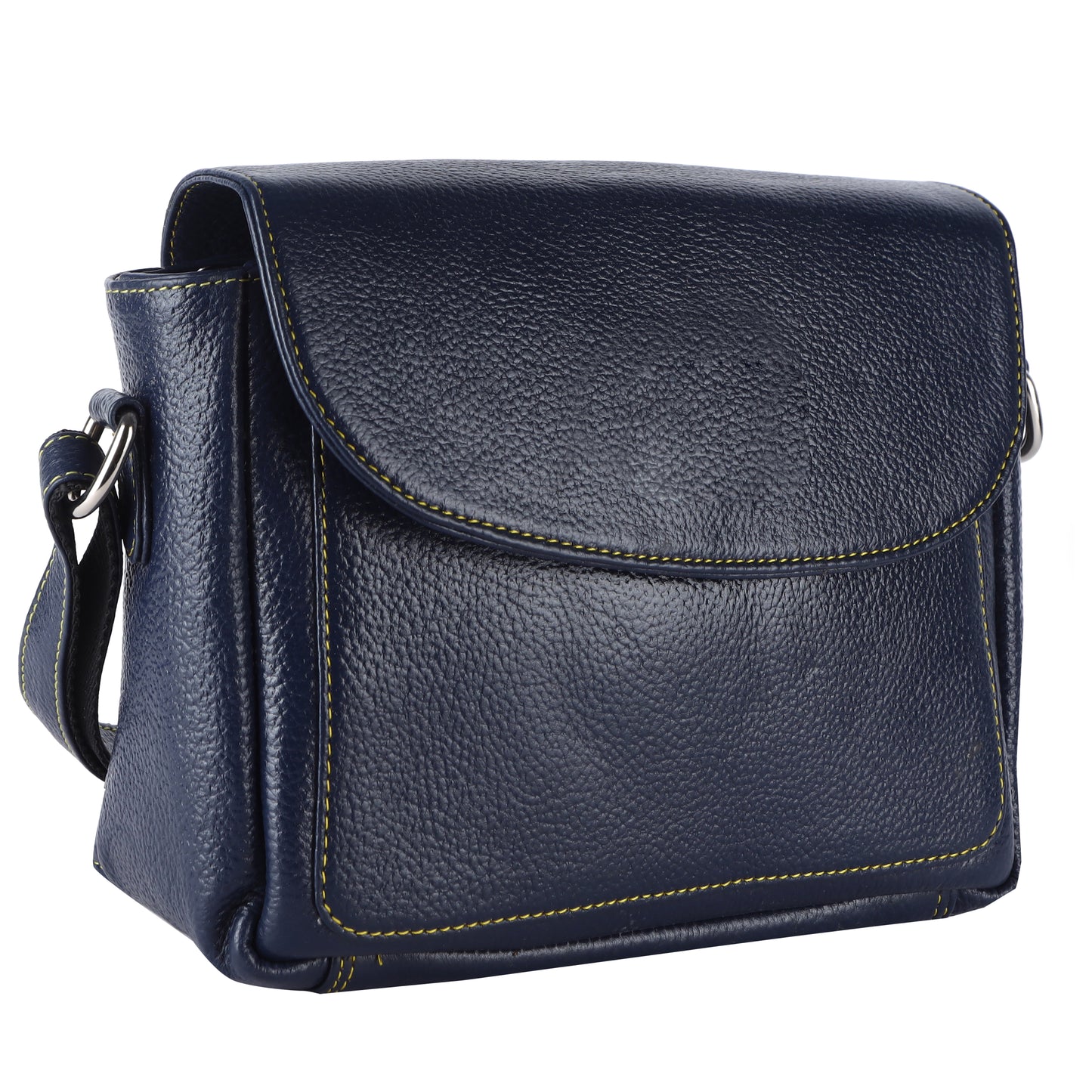Livinwise Genuine Navy Blue Leather Crossbody Bag with Yellow Contrast Stitching